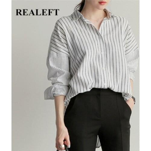 REALEFT 2021 New Spring Summer Striped Oversize Womens Blouse Chic Turn-down Collar Casual Loose Female Blouse Tops Shirts