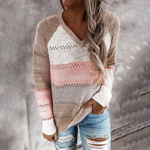 Women Autumn V Neck Pullover Strip Color-matching Hollow Long Sleeves Sweater