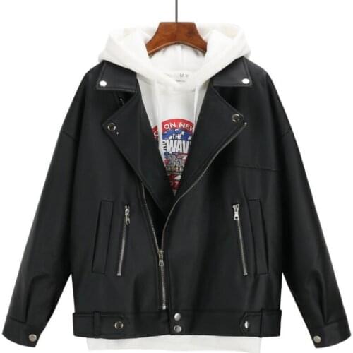 Women Korean Style Pop Women Oversize Autumn Leather Jacket Outwear Female Casaco Feminino Coat Black