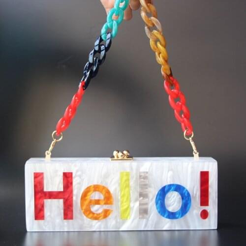 Acrylic Box Clutches Name Letters Colorful Hello Long Female Flap Evening Party Travel Summer Beach Women Shoulder Purses Wallet