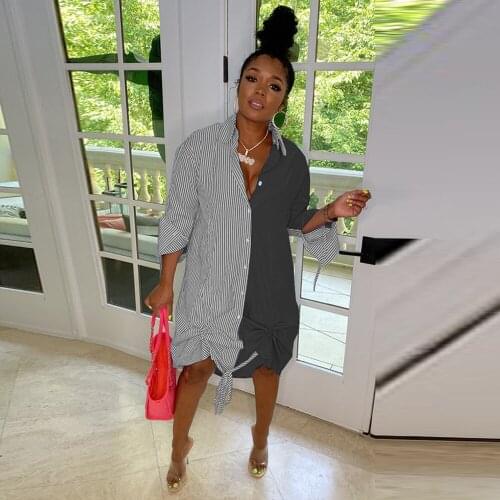 Vertical Stripe Color Block Womens Shirt Dress Fashion Turn Down Collar Full Sleeve Blouse Dress Streetwear Button-up Vestido