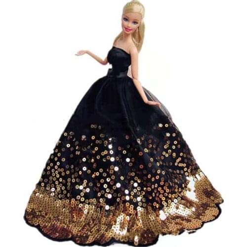 1/6 BJD Clothes Gold Sequin Black Off Shoulder Princess Dresses For Barbie Dolls Clothes Outfit Wedding Gown 30cm Doll Accessory