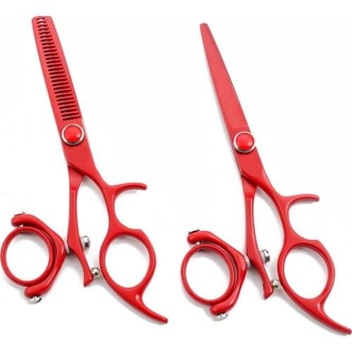 5.5 inch Cutting Thinning Scissors Red flying shears Hair Scissors Hair Hairdressing Rotary handle Regular Flat Teeth