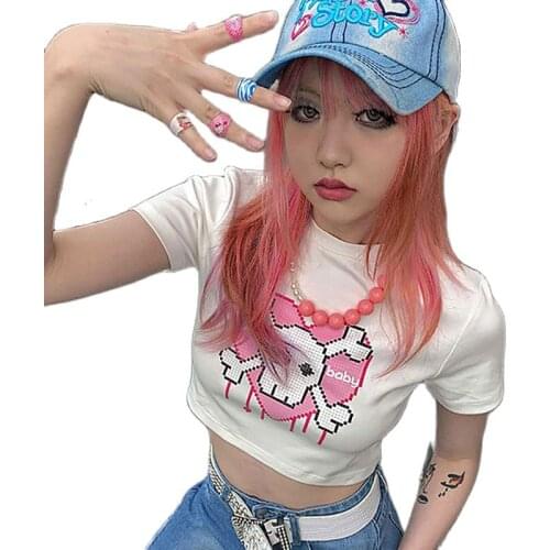 Anime Crop Tops Harajuku Goth Women T-Shirts Kawaii Clothes T Shirt Summer Cute Tee Girl Streetwear Y2k Love Skull Print Top
