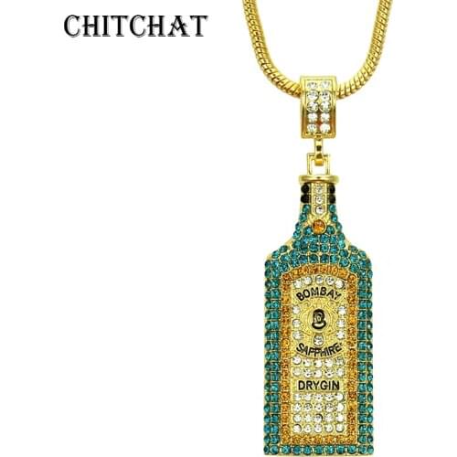 Big Wine bottle Necklaces Full Rhinestone Iced Out Pendants Hip Hop Men Women Gold Color Vogue Jewelry For Rocker