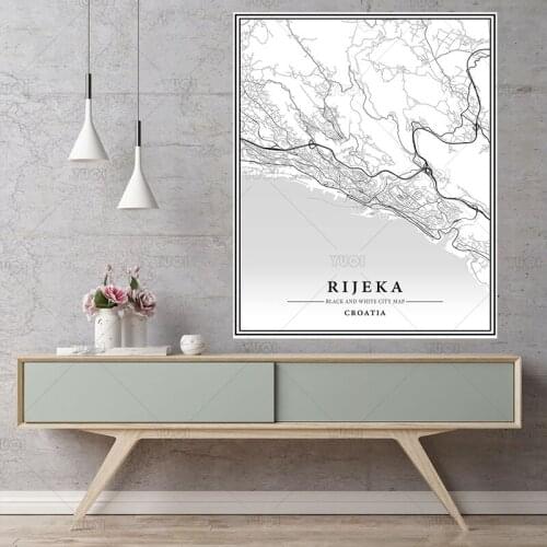 Black and White World City Map RIJEKA Wall Art Canvas Poster Prints Nordic Style Paintings Picture for Living Room