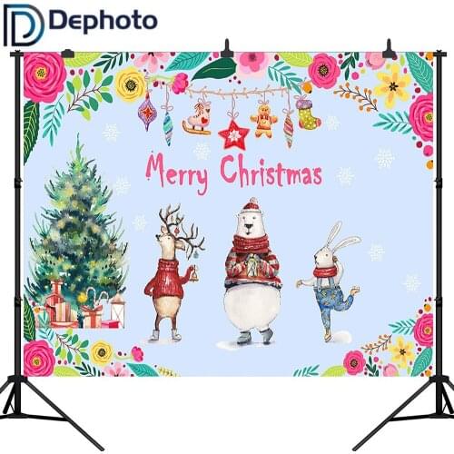 Dephoto Watercolor Flower Christmas Tree Decoration Deer Bear Rabbit Backdrop Vinyl Photography Photo Background Studio Props