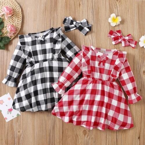 Children Dress Christmas Plaid Printed Long Sleeve Kids Clothes Fashion toddler Baby Girls Clothing Xmas Dress Headband Girl