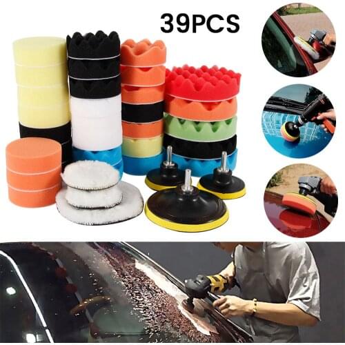 39pcs Car Polishing Disc Self-adhesive Buffing Waxing Sponge Wool Wheel Polishing Pad Sponge For Car Polisher Drill Adapter