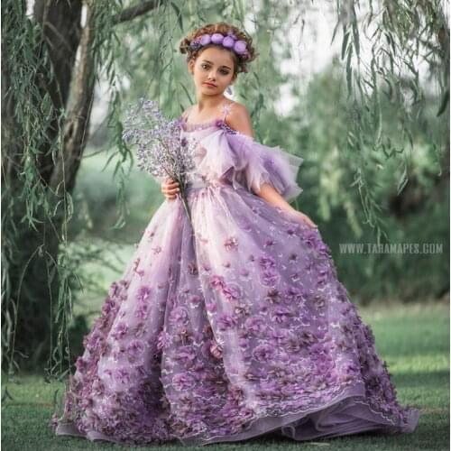 Purple Flower Girl Dresses for Wedding Spaghetti Straps 3D Floral Appliqued Little Kids Pageant Gowns A Line Vestidos De Desfile