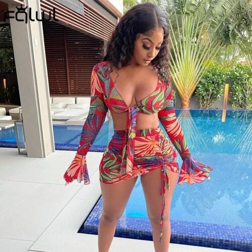 FQLWL Print Summer 2 Two Piece Set Women Skirt 2021 Outfits Long Sleeve Sexy Crop Top Mini Skirts Bodycon Dress Matching Sets
