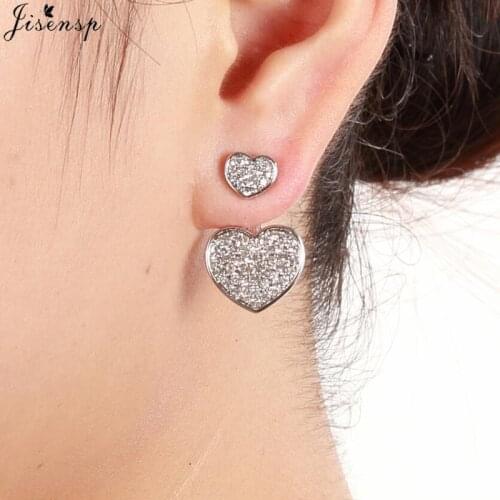 Jisensp Unique Charming Cubic Zirconia Stone Earrings Sweet Love Trendy Jewelry Back Cuff Double Heart Stud Earrings for Girls
