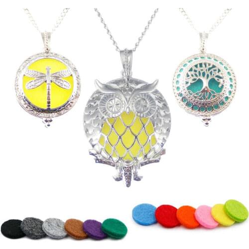Julie Wang 3PCS Copper Necklace With 10PCS Pads Mixed Dragonfly Life Tree Owl Essential Oil Diffuser Locket Pendants Jewelry