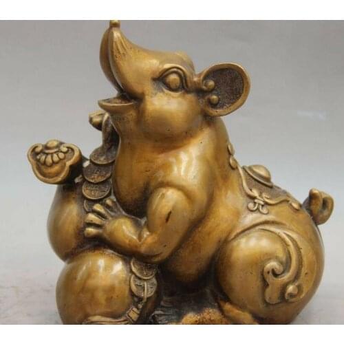 China Folk Bronze Copper Wealth Money Bottle Gourd Ruyi Zodiac Mouse Rat Statue