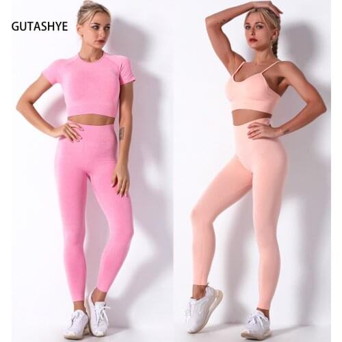 2 PCS Set Seamless Yoga Set Women Workout Gym Clothes Fitness Short Sleeve Crop Top Shirt High Waist Leggings Pants Sports Suits