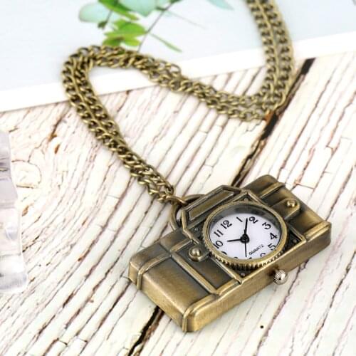 Camera Shape Dangle Pendant Quartz Pocket Watch Vintage Retro Bronze Fashion Pendant Necklace Watches for Photographers Friends