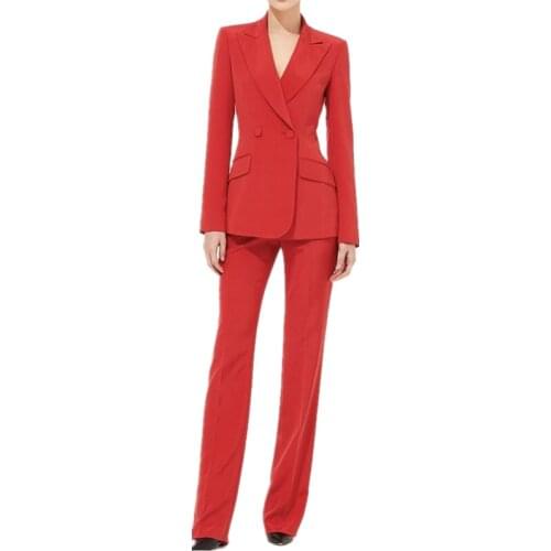 Fashion Double Breasted Women Pant Suit Notched Long Blazer Jacket and Straight Pant Casual 2 Pieces Set Slim Work Business Set