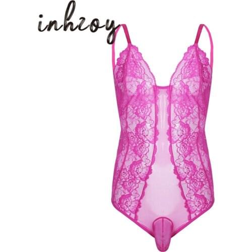 Men One-Piece Sheer Mesh Crossdressing Erotic Sissy Lingerie Transparent Lace Bodysuit Male Gay Underwear Hot Sexy Nightwear