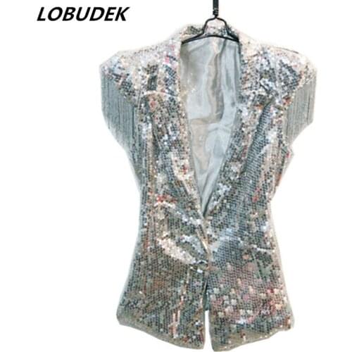 Men Women DS Singer Tassel Waistcoat Silver Gold Black Sequins Vest Teams Jazz dance Stage Outfit Bar DJ HIP HOP Costume Coat