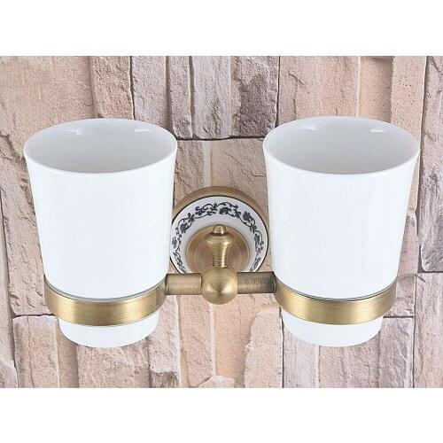 Wall Mounted Vintage Retro Antique Brass Bathroom Toothbrush Holder Set Bathroom Accessory Dual Ceramic Cup mba780