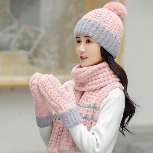 2020 new autumn and winter warm wool hat,Girls Korean version of versatile knitted hat,Scarf,Gloves,Three sets, Christmas gift