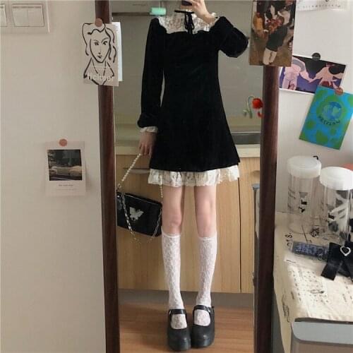 New Spring Autumn Harajuku Women Fashion Vintage Black Slim Lace Long Sleeve Temperament Sweet Girl Dress
