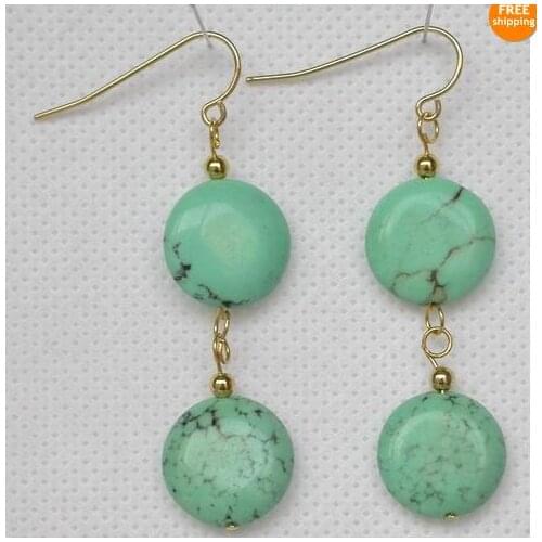 New Favorite Pearl Store Beautiful Gemstone Jewelry Unique 14mm Coin Turquoise Earrings 14k Solid Gold Hook Charming Lady Gift