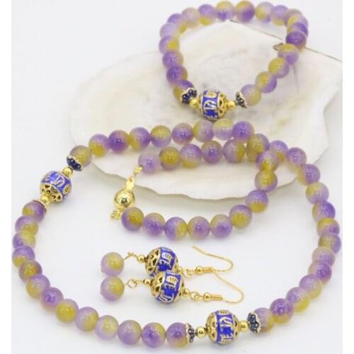 Wholesale price 8mm charms multicolor round jades chalcedony stone round beads bracelets earring necklace jewelry set B2685