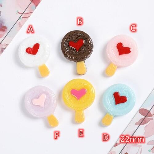 Heart Lolly Cabochons Flatback 20pcs cute Hearts Lollipop Fake Foods Cabohon for diy Flatbacks Button Resin Accessories for girl