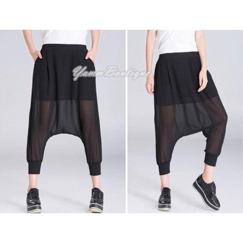 Transparant Crepe Black Drop Crotch Pants / Mesh Pants / Womens Harem Pants Saruel / Low Crotch / High Waist / Elastic Band