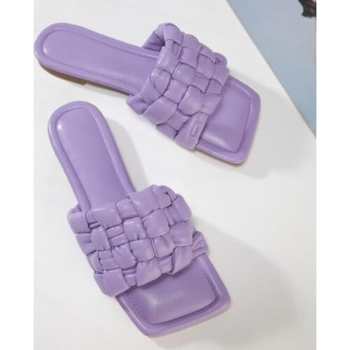 Summer Pu Solid Color Braided Strap Sandals Over-foot Slippers Female Lazy Casual Sandals Beach Outdoor Foot Wear Slippers