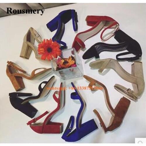 Women Fashion New Design One Strap Thick Heel Sandals Ankle Strap Suede Leather Candy Color Sandals Casual Women Shoes