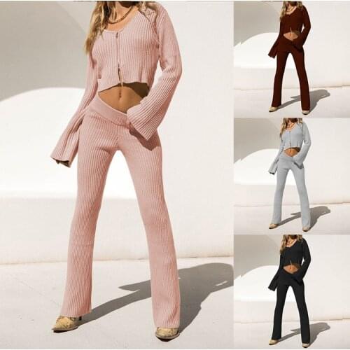 Knitted Two Piece Set Women Tracksuit Spring Clothes Zipper Long Sleeve Crop Top Pants Leisure Suits Casual Womens Sets Outfits