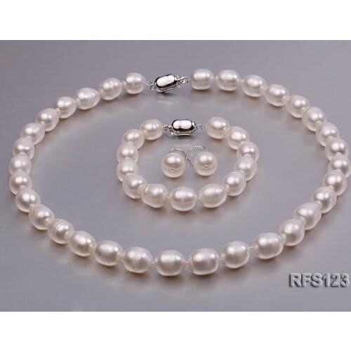 Unique Pearls jewellery Stone Real Pearl Jewellery Set 10-11mm White Rice Freshwater Pearl Necklace Bracelet Earring