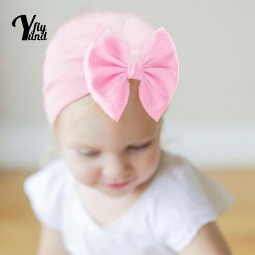 Yundfly Soft Skin-friendly Warm Cotton Newborn Hats Solid Color Striped Bowknot Baby Girls Caps Bows Headwear Hair Accessories