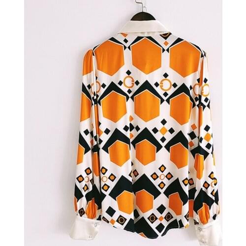 Blouse Silk High Quality 2021 Runway Fashion Geometric Print Beading Bow Designer Office Ladies Shirt
