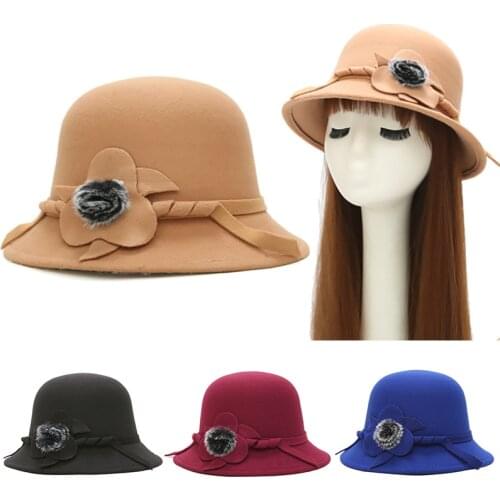 New Autumn Winter Hats for Women Ladies Wool Felt Hats Casual Flower Fur Ball Formal Fedoras Female Bucket Bowler Hat
