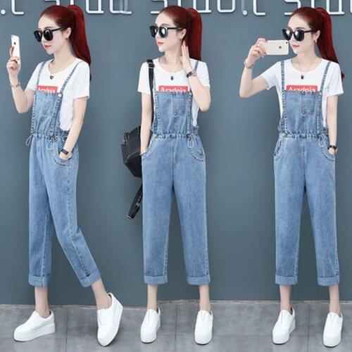 2019 summer new womens fashion straight denim overalls casual two-piece suit
