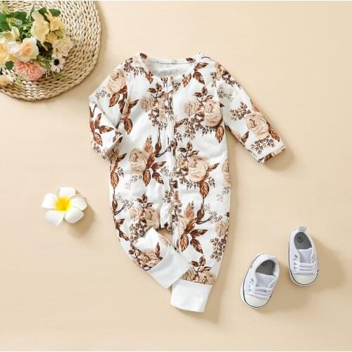 FOCUSNORM 0-3Y Lovely Baby Girls Boys Jumpsuits Flowers Printed Long Sleeve Zipper Button Romper Autumn Outfits