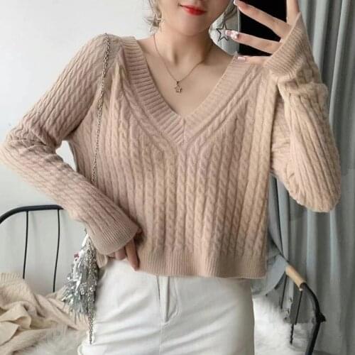 Knitted Loose Pullover Sweater Women Autumn Winter New Vintage V-Neck Sweaters White Long Sleeve Pull Femme Luxe Solid Top Mujer