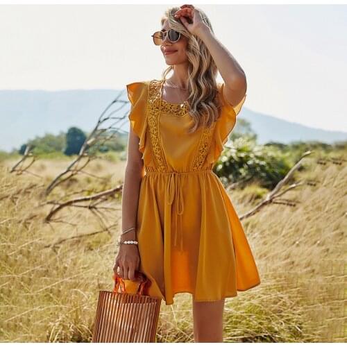 Sexy Backless Hollow Out Women Dress Casual Solid Ruffle Lace Up High Waist Short Dress For Female 2021 New Sweet Summer Dresses