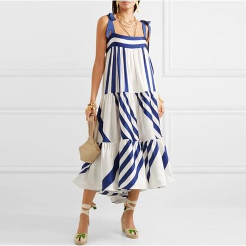 TEELYNN blue striped long dresses women vintage off shoulder loose casual bow lace up strap summer vestidos fashion party dress