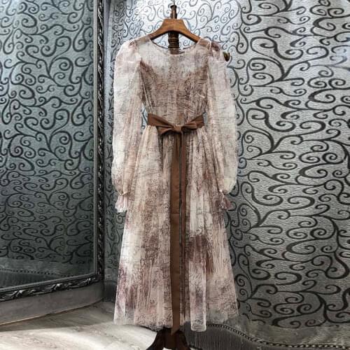 New Ethnic Style Autumn Women Vintage Printed Lace-up Mesh Dress Female Full Sleeve Round Neck Elegant Party Long Dress Vestidos