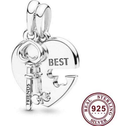 100% 925 Sterling Silver Charm Creative Friends Heart And Key Pendant Fit Pandora Women Bracelet & Necklace Diy Jewelry