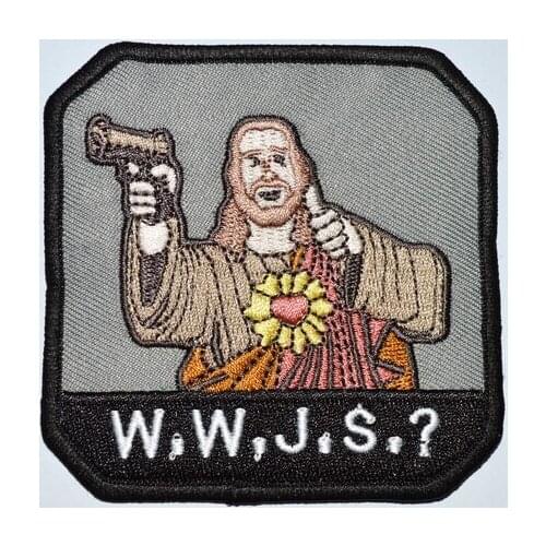 GUN ! WHAT WOULD JESUS SHOOT WWJS USA ARMY TACTICAL MORALE BADGE COLOR IRON ON PATCH (Size is about 7.7 cm)