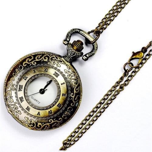 6048 Classic Bronze Flower Engraved Pocket Watch Retro Dual-dial Design Mini Pedant Watch Exquisite Casual Gift Fob Watch