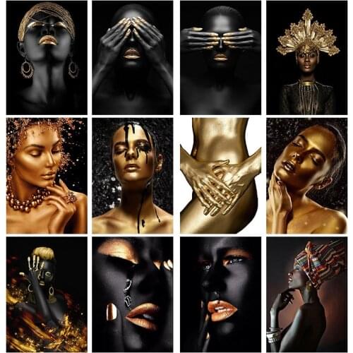 African Art Black and Gold Woman Oil Painting on Canvas Cuadros Posters and Prints Scandinavian Wall Art Picture for Living Room