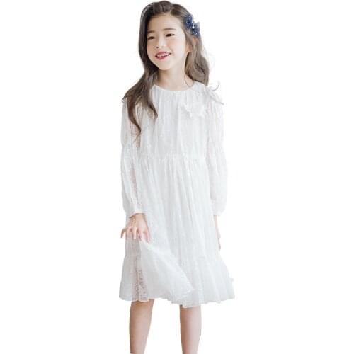 White lace long sleeve dress vintage party frocks age for 6-14 yrs big girls elegant princess costume 2019 spring autumn clothes