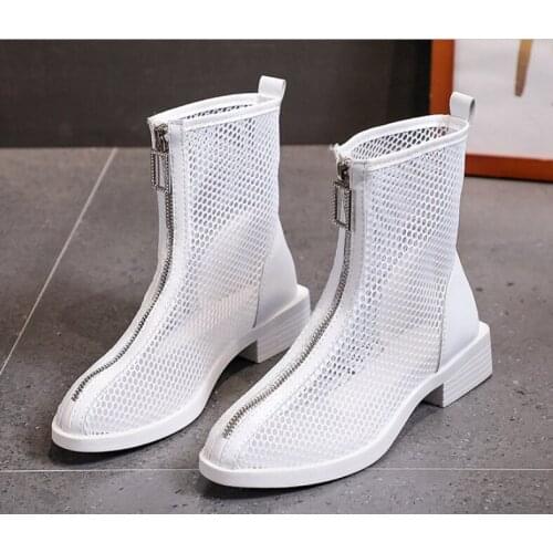 2021 Fashion Summer Round Toe Hollow Mesh Ankle Boots Martin Boots Sandals Sexy Thick Heel Lady Platform Front Zip Shoe Female