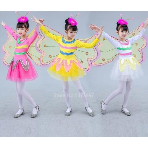 Childrens Day Flower Fairy Tinker Bell with Wings Princess Costume for Kids Girl Cosplay Butterfly Fancy Dress Dance Party